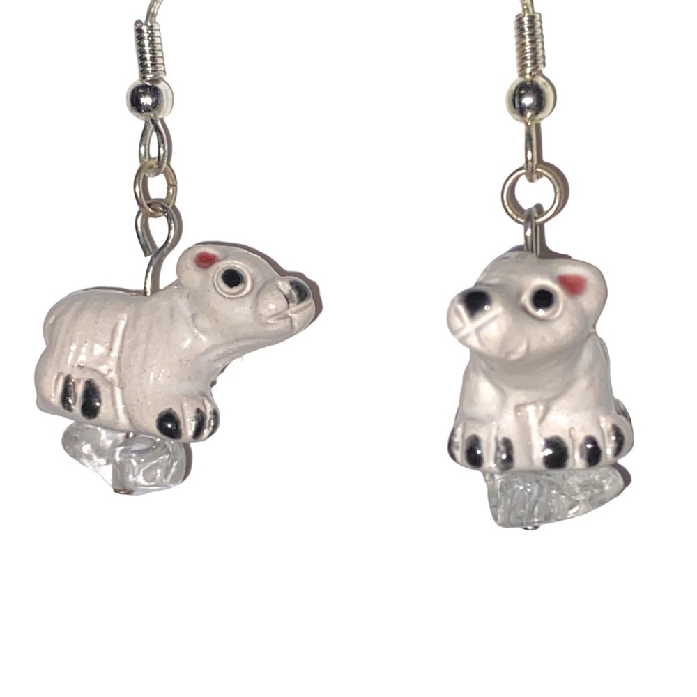 HAND CRAFTED Earrings Polar Bear Quartz Crystal Dangle Drop Long Ceramic Pierced
